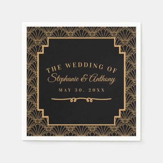 黒と金ゴールドのアールデコファン結婚の花 スタンダードカクテルナプキン (正面)