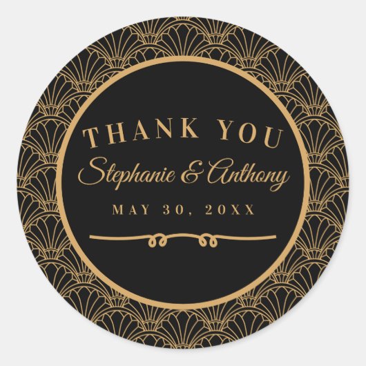 黒と金ゴールドのアールデコファン結婚の花 ラウンドシール (正面)