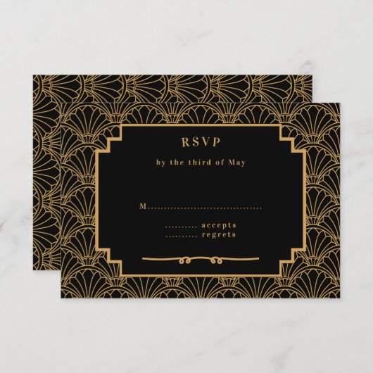 黒と金ゴールドのアールデコファン結婚の花 出欠カード (正面/裏面)