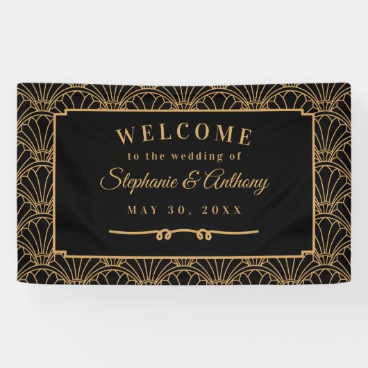黒と金ゴールドのアールデコファン結婚の花 横断幕 (横)