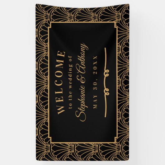 黒と金ゴールドのアールデコファン結婚の花 横断幕 (縦)