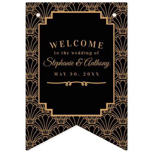 黒と金ゴールドのアールデコフ結婚ァン花の花束 バンティングフラッグ (第1の旗)