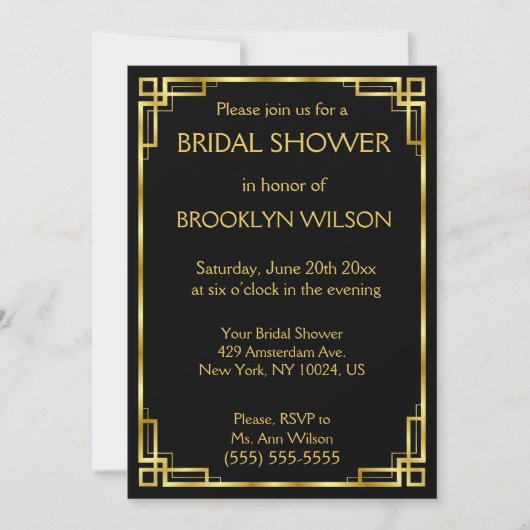 黒と金ゴールドのアールデコブライダルシャワー招待状 招待状 (正面)