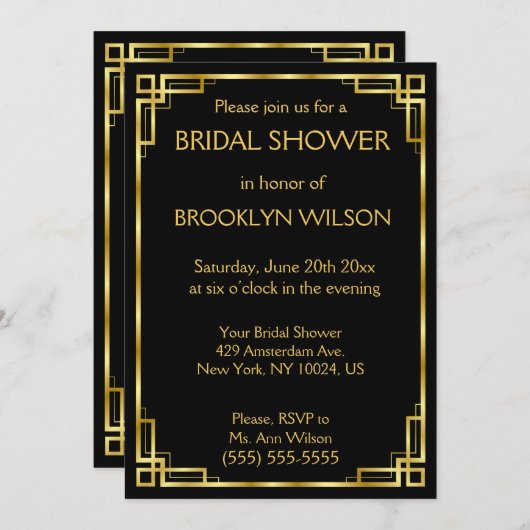 黒と金ゴールドのアールデコブライダルシャワー招待状 招待状 (正面/裏面)