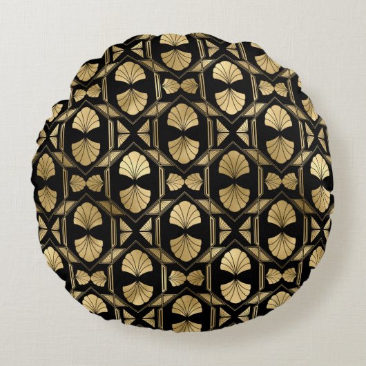 黒と金ゴールドのアールデコラウンド装飾用クッション ラウンドクッション (正面)