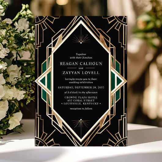 黒と金ゴールドのアールデコ幾何学的エメラルド結婚ズ 招待状