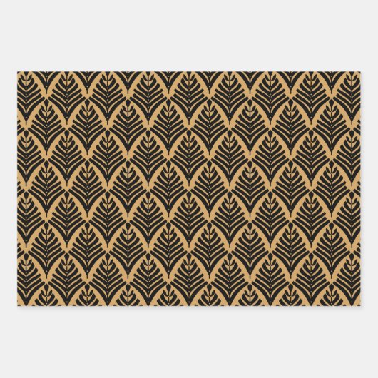 黒と金ゴールドのアールデコ扇花パターン ラッピングペーパーシート (正面)