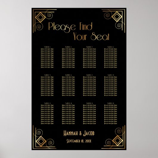 黒と金ゴールドのアールデコ披露宴の座席表 ポスター (正面)