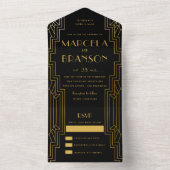 黒と金ゴールドのアールデコ結婚の オールインワン招待状 (内側)