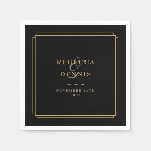 黒と金ゴールドのアールデコ結婚 スタンダードカクテルナプキン (正面)