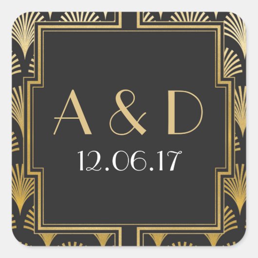 黒と金ゴールドのアールデコ1920の丸いステッカーラベル スクエアシール (正面)