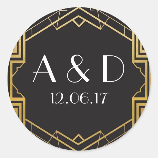 黒と金ゴールドのアールデコ1920の丸いステッカーラベル ラウンドシール (正面)