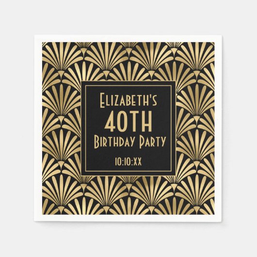 黒と金ゴールドのアールデコ40th誕生日パーティー スタンダードカクテルナプキン (正面)