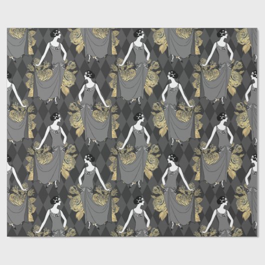 黒と金ゴールドのアールデコ ラッピングペーパー (フラット)