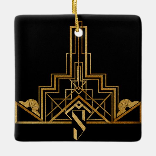 黒と金ゴールドのアールヌーボー/デコパターン セラミックオーナメント (正面)