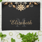 黒と金ゴールドのエレガントフローラ キッチンタオル (折り畳み)