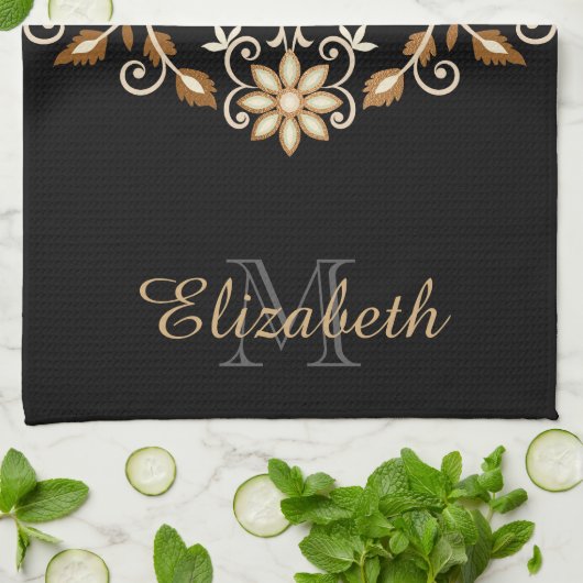 黒と金ゴールドのエレガントフローラ キッチンタオル (折り畳み)