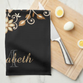黒と金ゴールドのエレガントフローラ キッチンタオル (四つ折り)