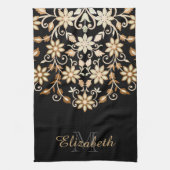 黒と金ゴールドのエレガントフローラ キッチンタオル (縦)