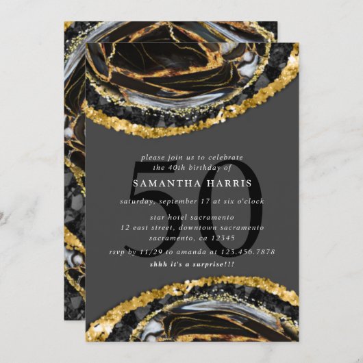 黒と金ゴールドのエレガント大理石50歳の誕生パーティー 招待状 (正面/裏面)