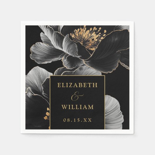 黒と金ゴールドのエレガント結婚モダンフローラ スタンダードカクテルナプキン (正面)