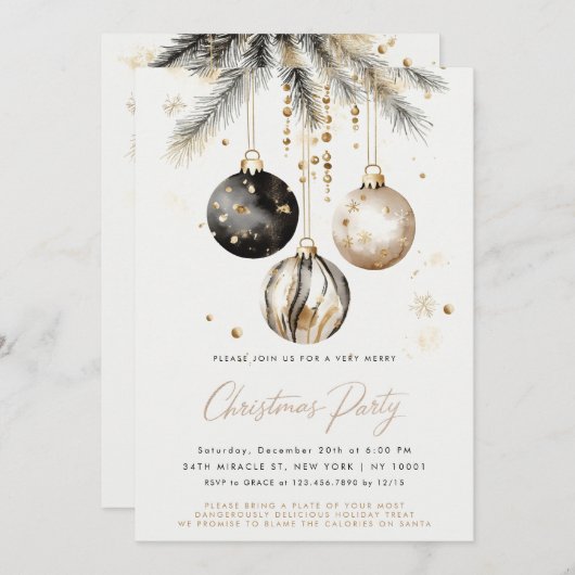 黒と金ゴールドのオーナメントバウブルクリスマスパーティー 招待状 (正面/裏面)
