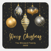 黒と金ゴールドのオーナメントメリークリスマス スクエアシール (正面)