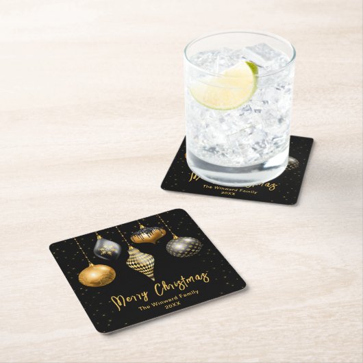 黒と金ゴールドのオーナメントメリークリスマス スクエアペーパーコースター (インサイチュ)