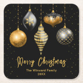 黒と金ゴールドのオーナメントメリークリスマス スクエアペーパーコースター (正面)