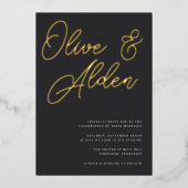黒と金ゴールドのオーバーサイ結婚ズのスクリプト 箔招待状 (正面)
