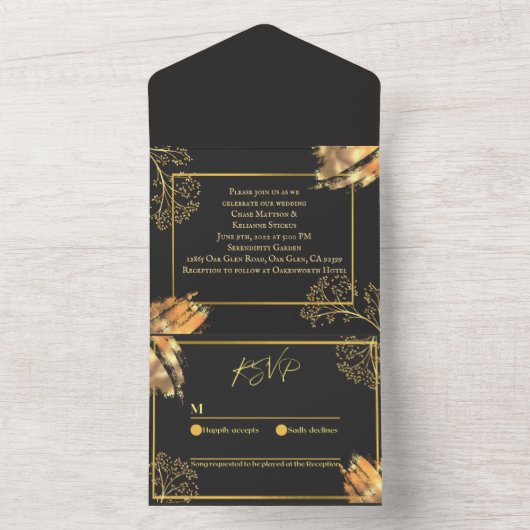 黒と金ゴールドのカラースプラッシュ結婚式招待状 オールインワン招待状 (内側)