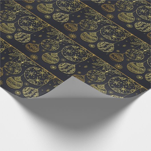 黒と金ゴールドのクリスマスオーナメントパターンギフト ラッピングペーパー (角)