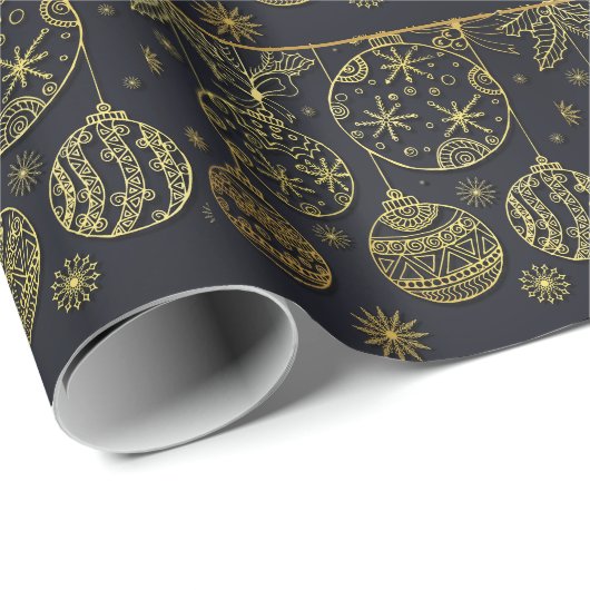 黒と金ゴールドのクリスマスオーナメントパターンギフト ラッピングペーパー (ロールコーナー)