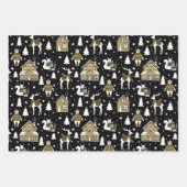 黒と金ゴールドのクリスマス動物のパターン ラッピングペーパーシート (正面2)