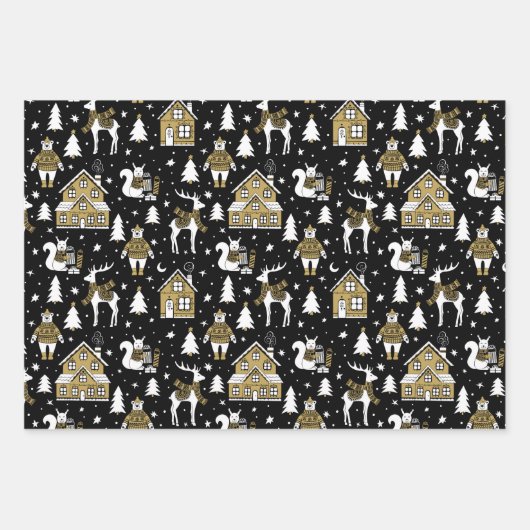 黒と金ゴールドのクリスマス動物のパターン ラッピングペーパーシート (正面2)