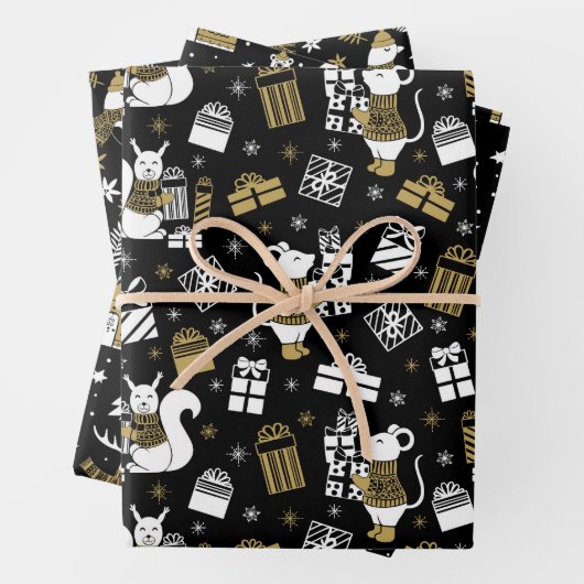 黒と金ゴールドのクリスマス動物のパターン ラッピングペーパーシート (インサイチュ)