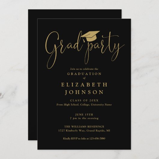 黒と金ゴールドのグラードパーティースクリプトの卒業 招待状 (正面/裏面)