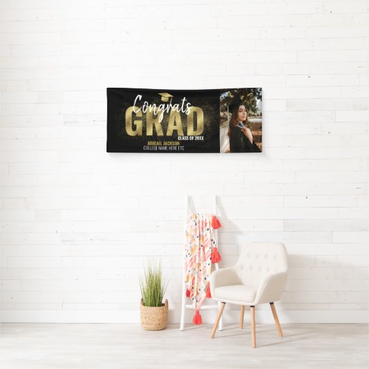 黒と金ゴールドのグリッターおめでとうの写真 横断幕 (インサイチュ)