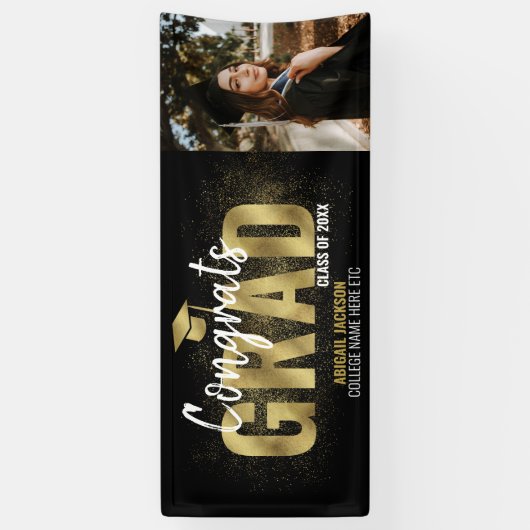 黒と金ゴールドのグリッターおめでとうの写真 横断幕 (縦)