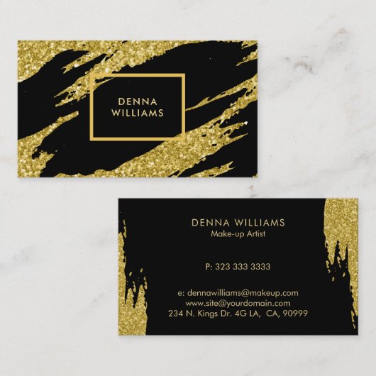 黒と金ゴールドのグリッターの乱れた筆跡 名刺 (正面/裏面)