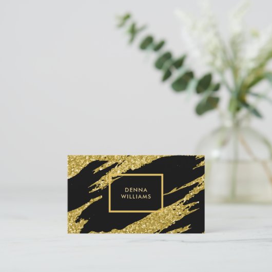 黒と金ゴールドのグリッターの乱れた筆跡 名刺 (スタンド正面)