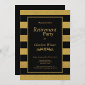 黒と金ゴールドのグリッターストライプの退職パーティー 招待状 (正面/裏面)