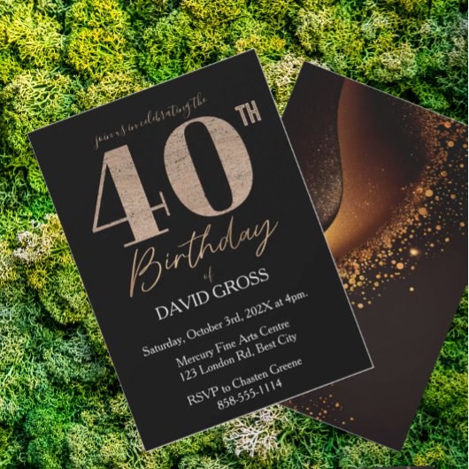 黒と金ゴールドのグリッタースワール40th誕生日 招待状