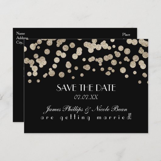 黒と金ゴールドのグリッタードット日付はがきを保存 案内ポストカード (正面/裏面)