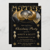 黒と金ゴールドのグリッターバウブルクリスマスパーティー 招待状 (正面/裏面)
