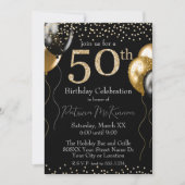 黒と金ゴールドのグリッターバルーン50誕生日 招待状 (正面)