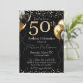 黒と金ゴールドのグリッターバルーン50誕生日 招待状 (スタンド正面)