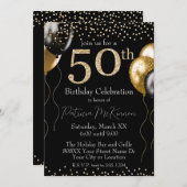 黒と金ゴールドのグリッターバルーン50誕生日 招待状 (正面/裏面)