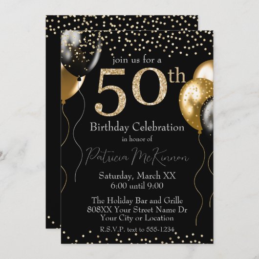 黒と金ゴールドのグリッターバルーン50誕生日 招待状 (正面/裏面)