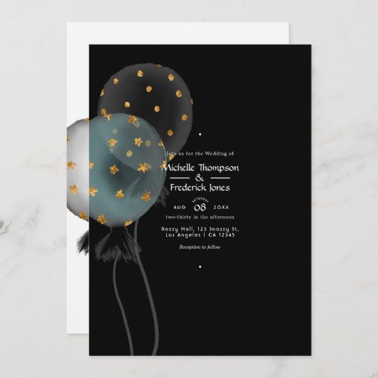 黒と金ゴールドのグリッターバ結婚ルーン 招待状 (正面/裏面)